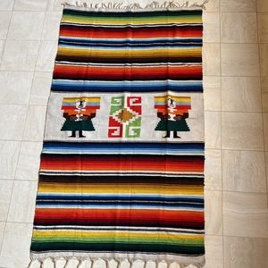Vintage Lg. Aztec Mexican Handwoven Multicolor Wool Rug, Tapestry Blanket Serape